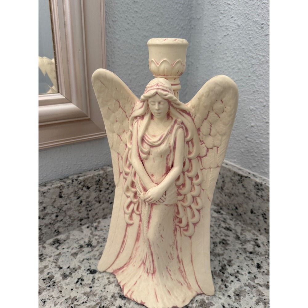Vintage Ceramic Angel Candle Holder Cream Pink Taper Stick Statue Decor